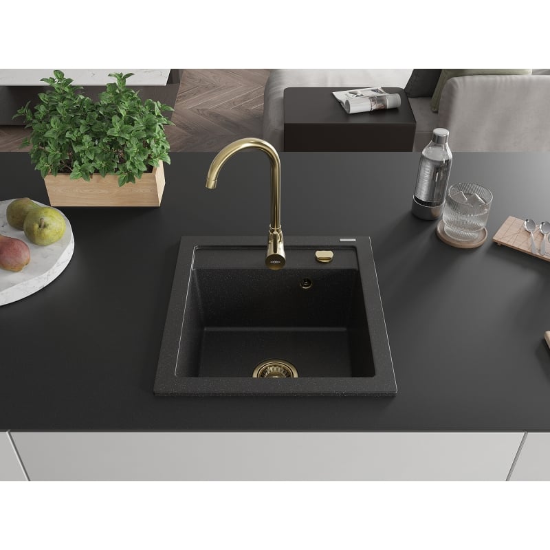 Mexen Vito single-bowl granite sink with Telma kitchen faucet, black/silver metallic - 6503-73-670200-50