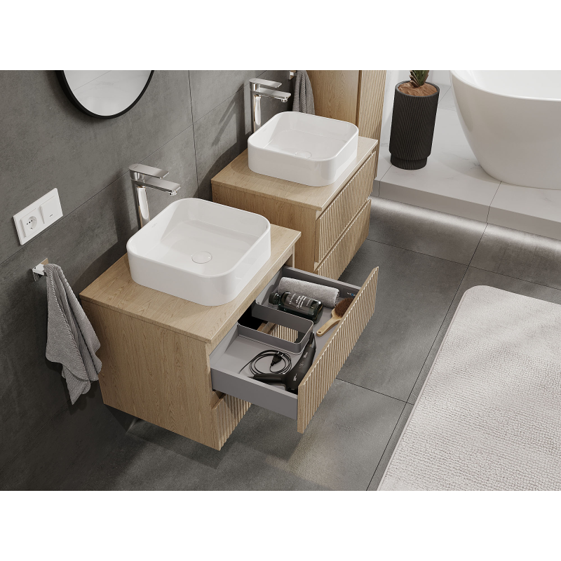 Mexen Rivel 60 cm Under-Sink Bathroom Cabinet, 2 Drawers, Grooved, Oak - 91A20-06047-2-BFF81