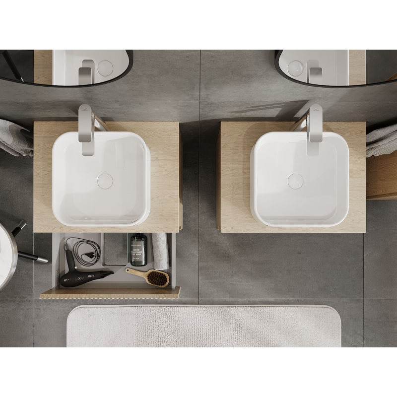 Mexen Rivel 60 cm Under-Sink Bathroom Cabinet, 2 Drawers, Grooved, Oak - 91A20-06047-2-BFF81