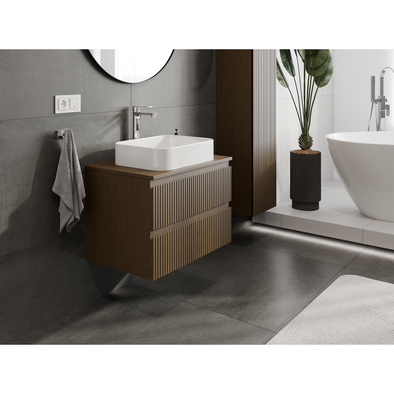 Mexen Rivel bathroom cabinet with basin 70 cm, 2 drawers, grooved, walnut - 91A20-07047-2-BFF86