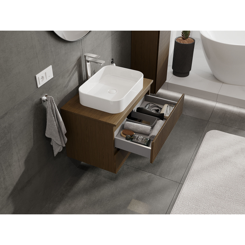 Mexen Rivel bathroom cabinet with basin 70 cm, 2 drawers, grooved, walnut - 91A20-07047-2-BFF86