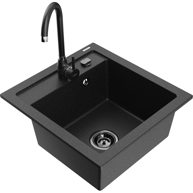 Mexen Vito granite kitchen sink 1-bowl with Telma kitchen faucet, black/silver metallic - 6503-73-670200-70-B