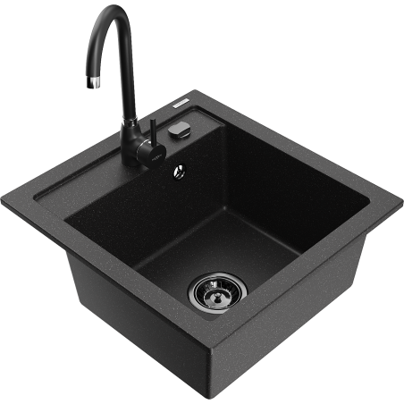 Mexen Vito granite kitchen sink 1-bowl with Telma kitchen faucet, black/silver metallic - 6503-73-670200-70-B