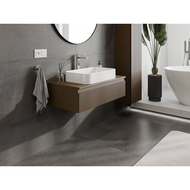 Mexen Rivel bathroom cabinet under sink 90 cm, 1 drawer, fluted, walnut - 91A20-09023-1-BF86