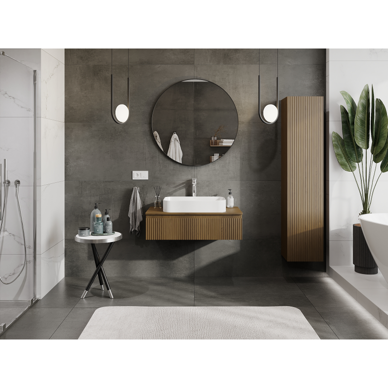 Mexen Rivel bathroom cabinet under sink 90 cm, 1 drawer, fluted, walnut - 91A20-09023-1-BF86