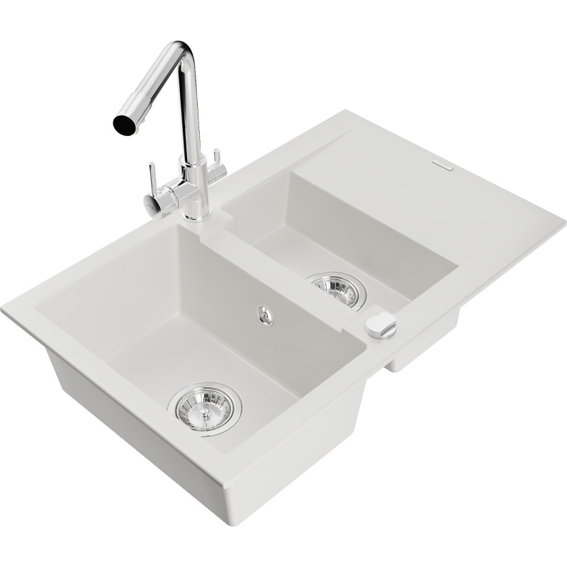 Mexen Gaspar granite sink 1.5-bowl with drainer and Duero kitchen faucet, white - 6507-20-671600-00