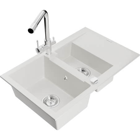 Mexen Gaspar 1.5-bowl granite sink with drainer and Duero kitchen tap, white - 6507-20-671600-00