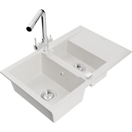 Mexen Gaspar granite sink 1.5-bowl with drainer and Duero kitchen faucet, white - 6507-20-671600-00