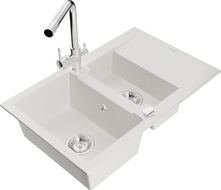 Mexen Gaspar 1.5-compartment granite sink with a drip tray and kitchen mixer tap Duero, White - 6507-20-671600-00