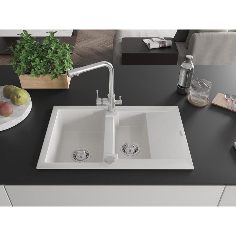 Mexen Gaspar granite sink 1.5-bowl with drainer and Duero kitchen faucet, white - 6507-20-671600-00