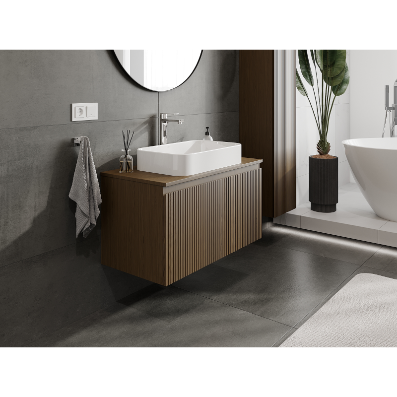 Mexen Rivel bathroom cabinet under-sink 90 cm, 1 drawer, grooved, walnut - 91A20-09047-1-BF86