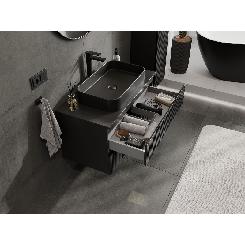 Mexen Rivel bathroom cabinet under wash basin 90 cm, 2 drawers, fluted, black matte - 91A20-09047-2-BFF71