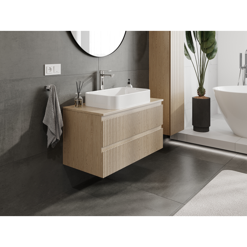 Mexen Rivel bathroom cabinet under washbasin 90 cm, 2 drawers, fluted, oak - 91A20-09047-2-BFF81