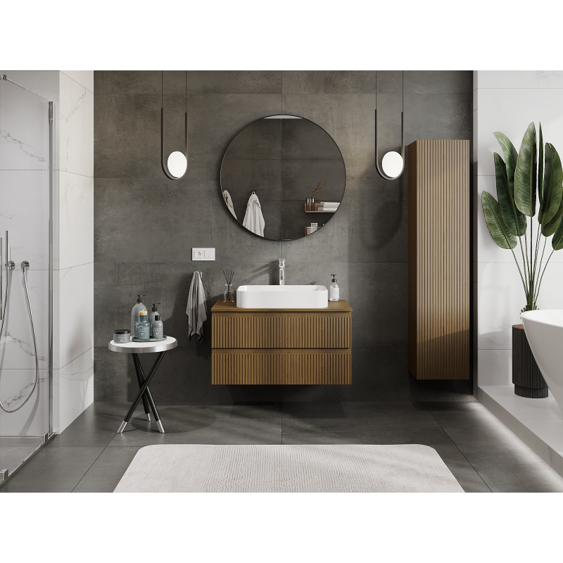 Mexen Rivel bathroom cabinet with sink 90 cm, 2 drawers, fluted, walnut - 91A20-09047-2-BFF86