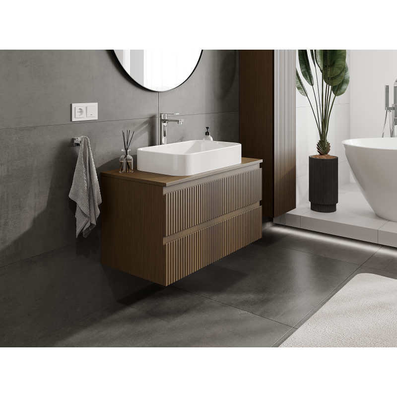 Mexen Rivel bathroom cabinet with sink 90 cm, 2 drawers, fluted, walnut - 91A20-09047-2-BFF86