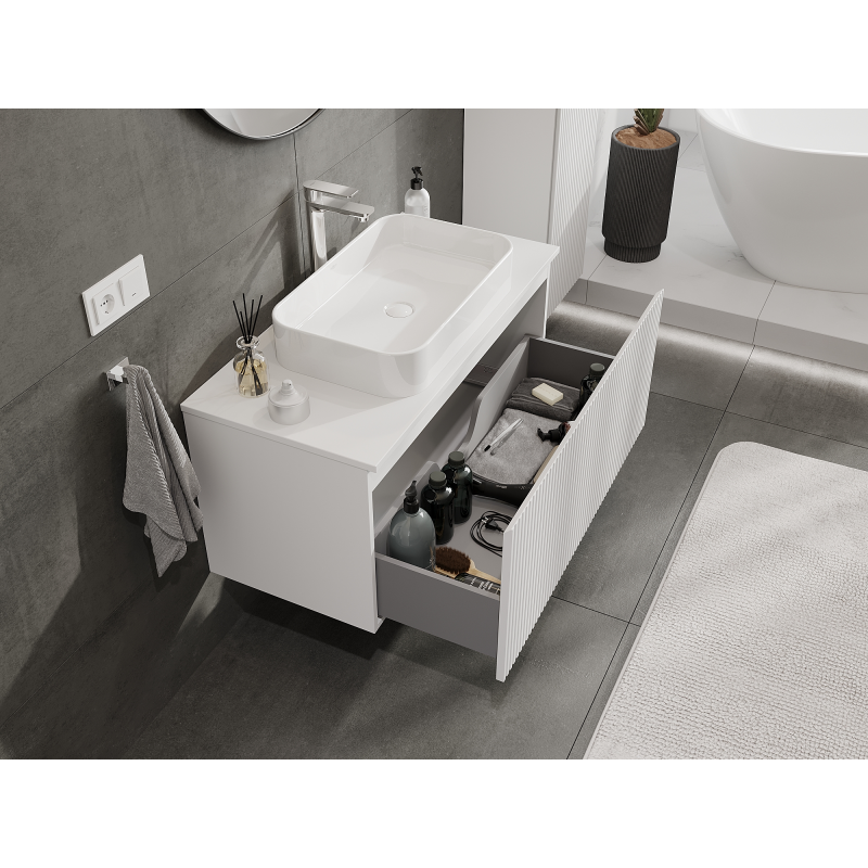 Mexen Rivel bathroom cabinet under washbasin 100 cm, 1 drawer, fluted, matte white - 91A20-10047-1-BF01