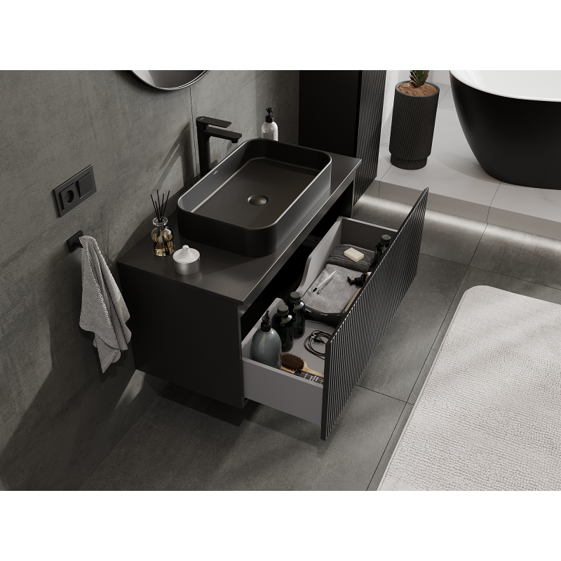 Mexen Rivel bathroom cabinet under sink 100 cm, 1 drawer, fluted, black matte - 91A20-10047-1-BF71