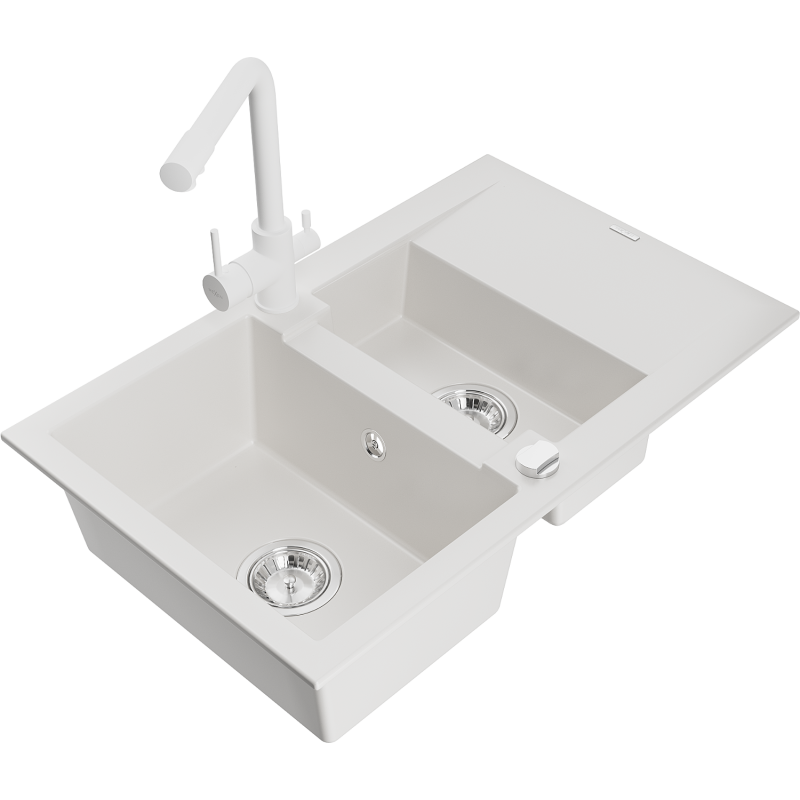 Mexen Gaspar 1.5-bowl granite sink with drainer and Duero kitchen tap, white - 6507-20-671600-20