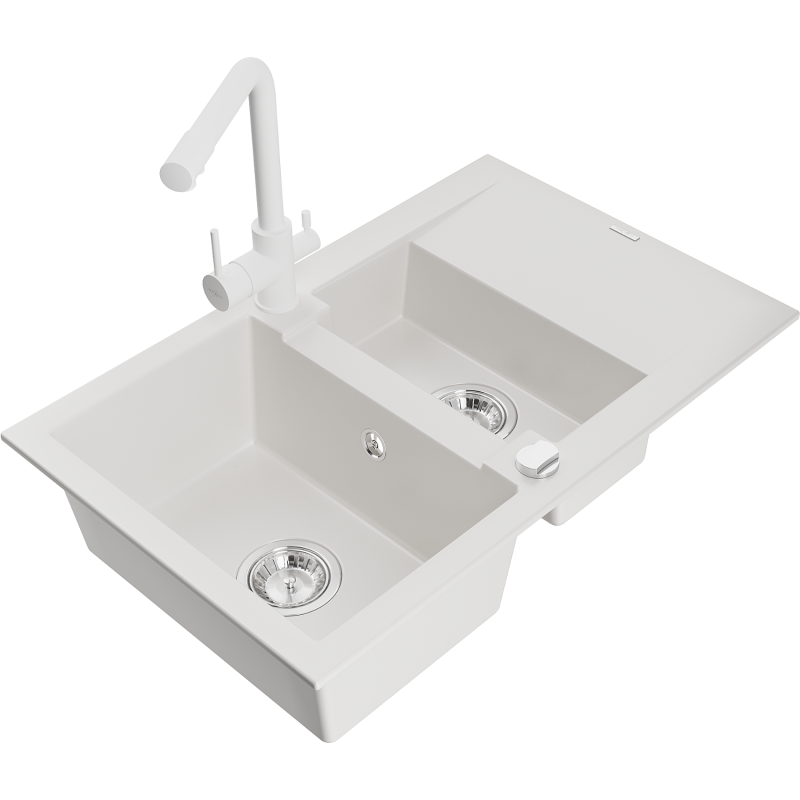 Mexen Gaspar 1.5-compartment granite sink with a drip tray and kitchen mixer tap Duero, White - 6507-20-671600-20