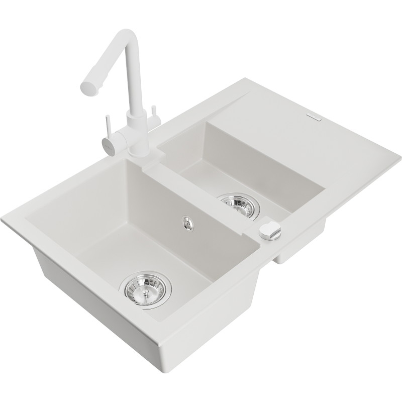 Mexen Gaspar granite sink 1.5-bowl with drainer and Duero kitchen faucet, white - 6507-20-671600-20