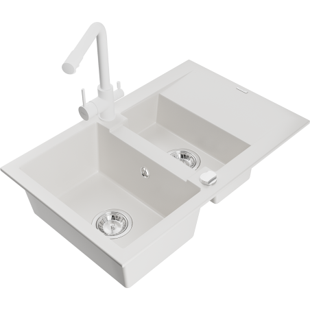 Mexen Gaspar granite sink 1.5-bowl with drainer and Duero kitchen faucet, white - 6507-20-671600-20