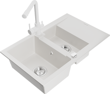 Mexen Gaspar granite sink 1.5-bowl with drainer and Duero kitchen faucet, white - 6507-20-671600-20