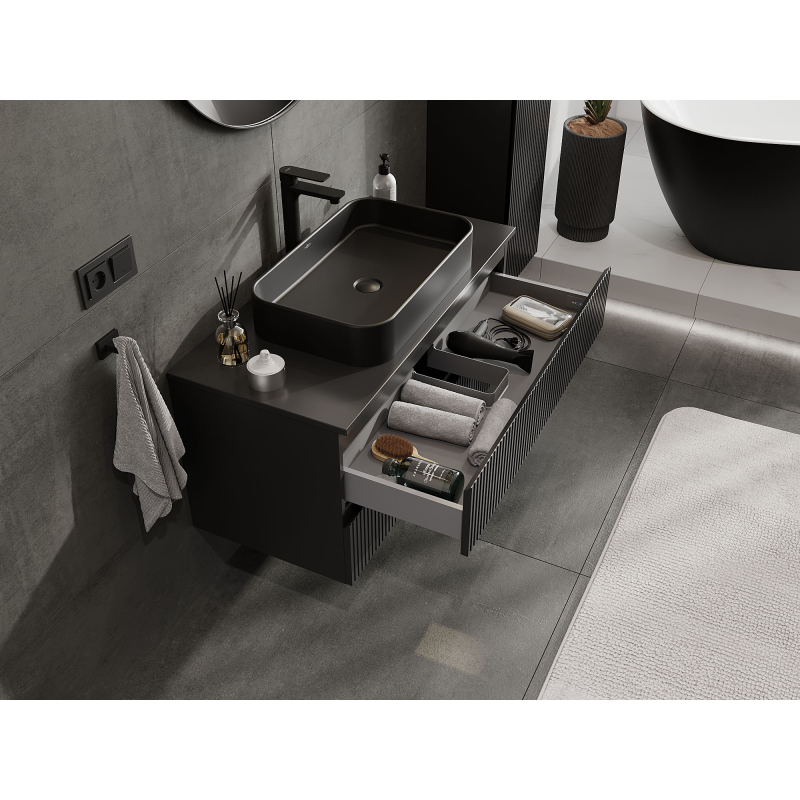 Mexen Rivel bathroom cabinet under sink 100 cm, 2 drawers, grooved, black matte - 91A20-10047-2-BFF71