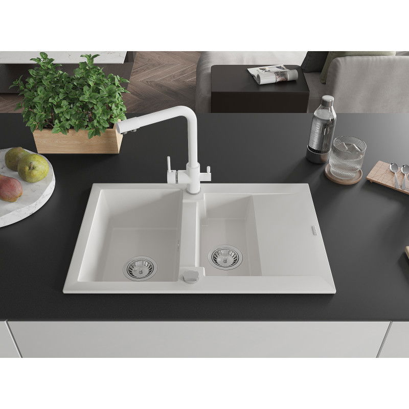 Mexen Gaspar 1.5-bowl granite sink with drainer and Duero kitchen tap, white - 6507-20-671600-20