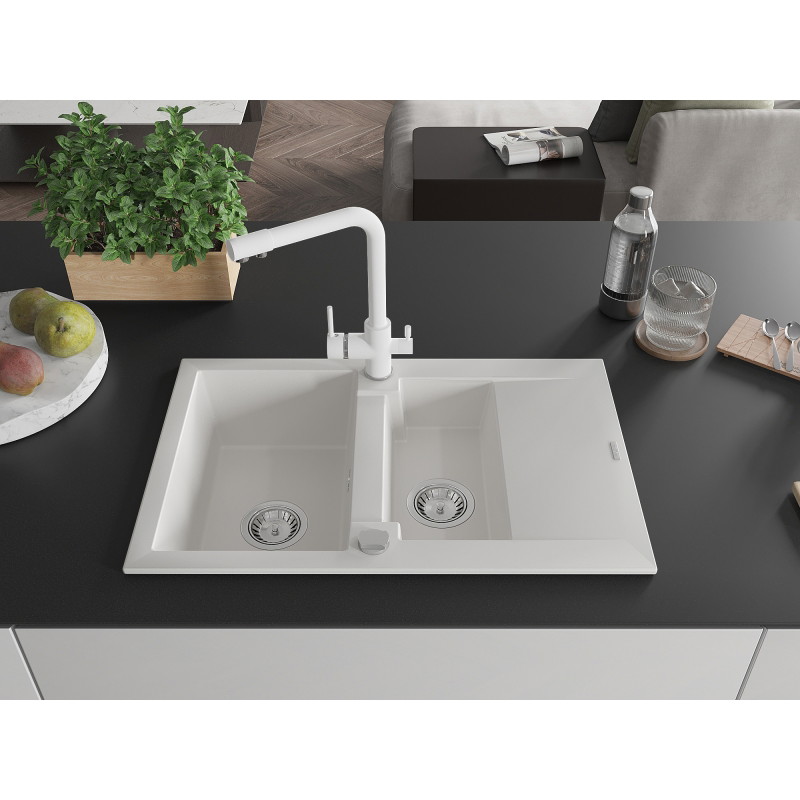 Mexen Gaspar granite sink 1.5-bowl with drainer and Duero kitchen faucet, white - 6507-20-671600-20