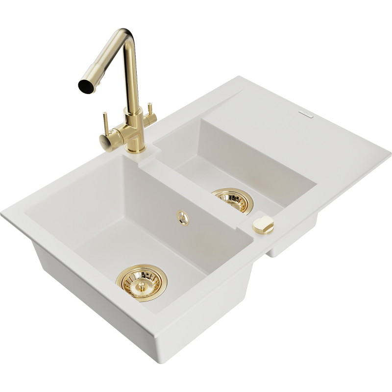 Mexen Gaspar 1.5-Bowl Granite Kitchen Sink with Drainer and Duero Tap, White - 6507-20-671600-50