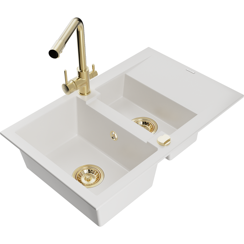 Mexen Gaspar 1.5-bowl granite sink with drainer and Duero kitchen tap, white - 6507-20-671600-50