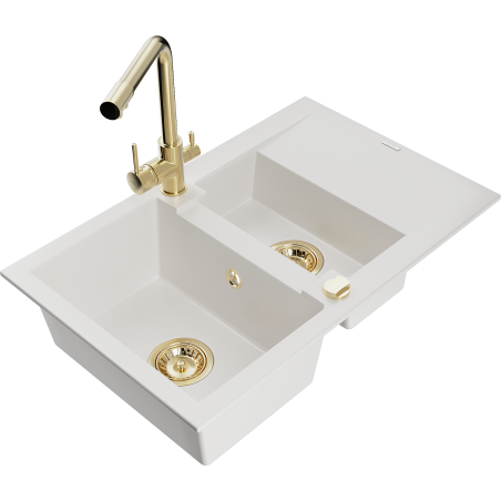 Mexen Gaspar 1.5-bowl granite sink with drainer and Duero kitchen faucet, white - 6507-20-671600-50
