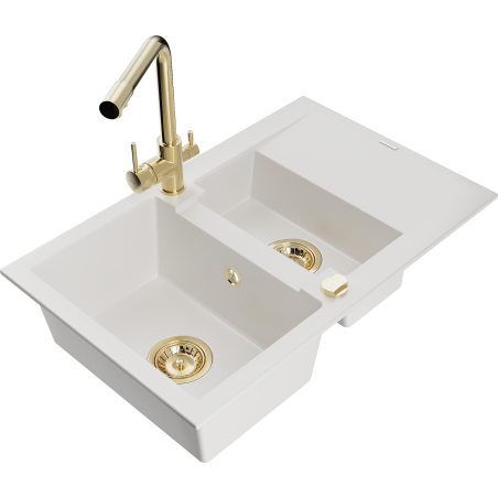 Mexen Gaspar 1.5-bowl granite sink with drainer and Duero kitchen tap, white - 6507-20-671600-50