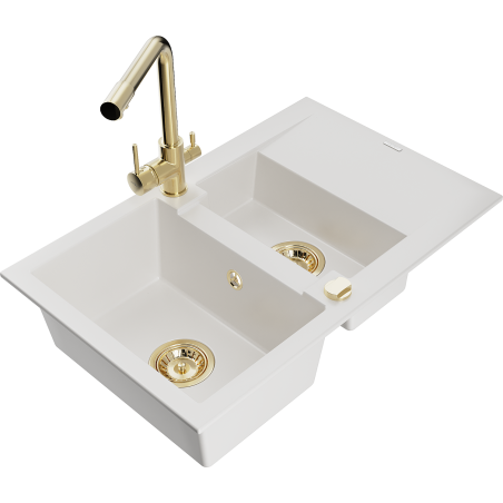Mexen Gaspar 1.5-compartment granite sink with a drip tray and kitchen mixer tap Duero, White - 6507-20-671600-50