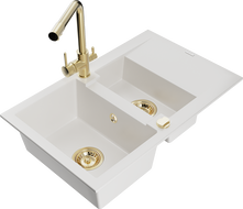 Mexen Gaspar 1.5-compartment granite sink with a drip tray and kitchen mixer tap Duero, White - 6507-20-671600-50