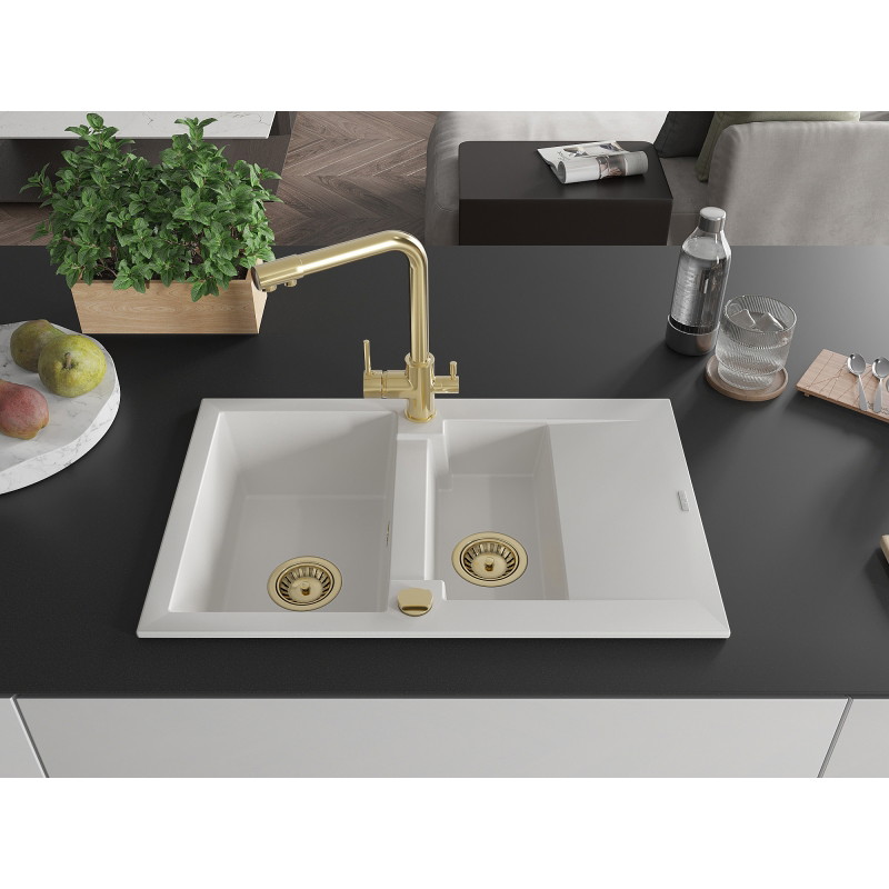 Mexen Gaspar 1.5-bowl granite sink with drainer and Duero kitchen faucet, white - 6507-20-671600-50