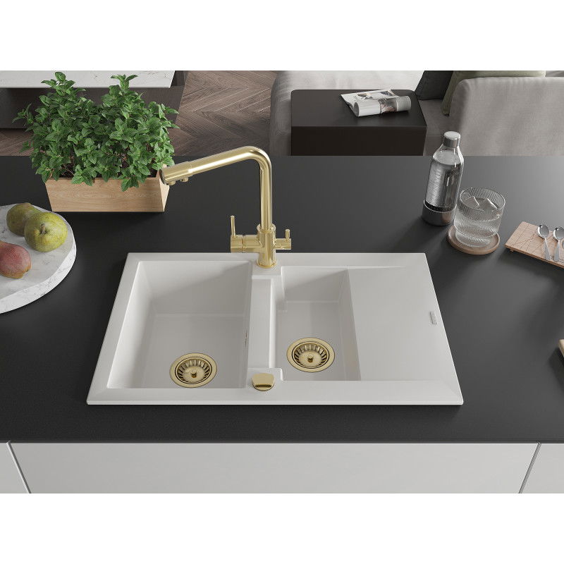 Mexen Gaspar 1.5-bowl granite sink with drainer and Duero kitchen tap, white - 6507-20-671600-50