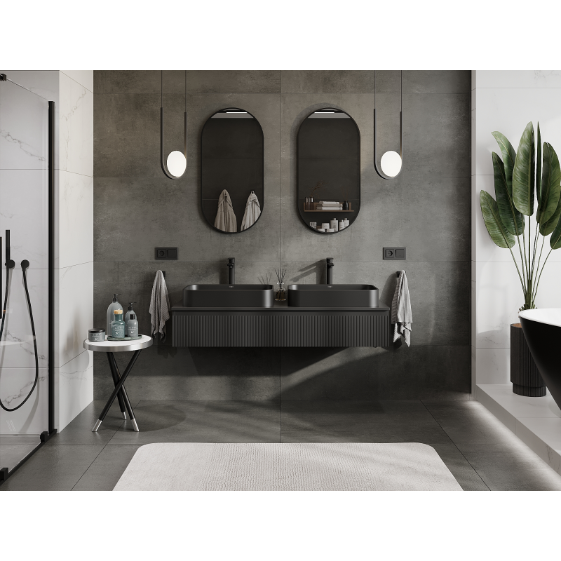 Mexen Rivel bathroom cabinet for washbasin 140 cm, 1 drawer, grooved, black matte - 91A20-14023-1-BF71