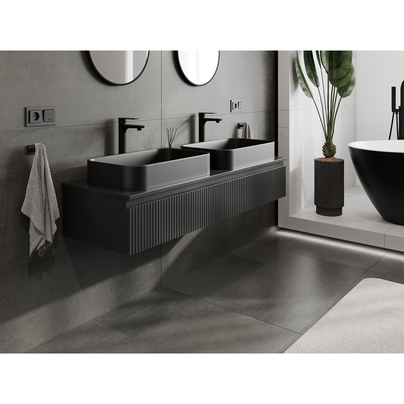 Mexen Rivel bathroom cabinet for washbasin 140 cm, 1 drawer, grooved, black matte - 91A20-14023-1-BF71