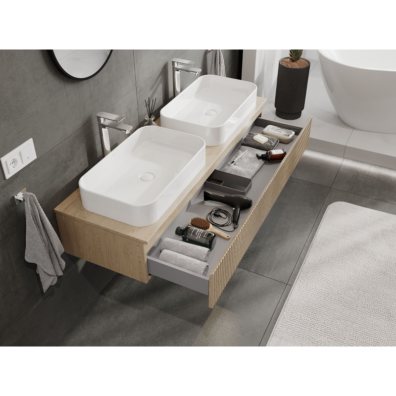 Mexen Rivel bathroom cabinet for under washbasin 140 cm, 1 drawer, grooved, oak - 91A20-14023-1-BF81