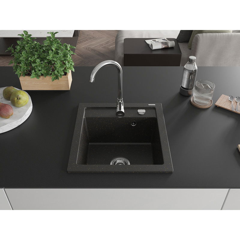 Mexen Vito Granite Sink 1-Bowl with Telma Kitchen Faucet, Black/Gold Metallic - 6503-75-670200-00