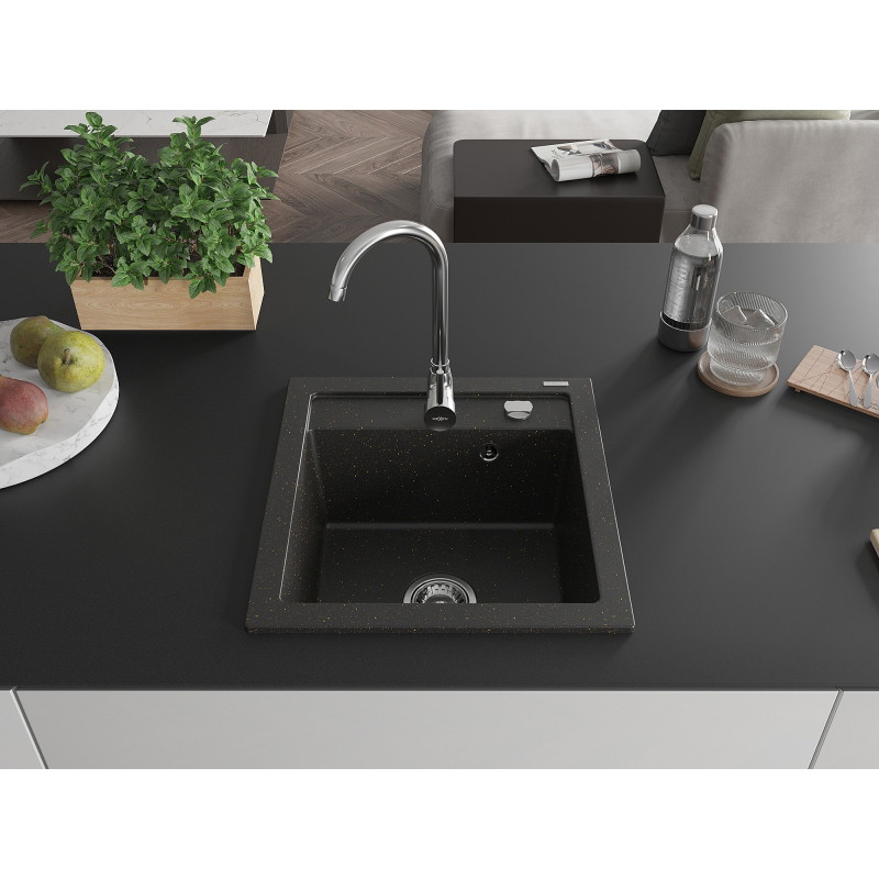 Mexen Vito single-bowl granite sink with Telma kitchen faucet, black/gold metallic - 6503-75-670200-00