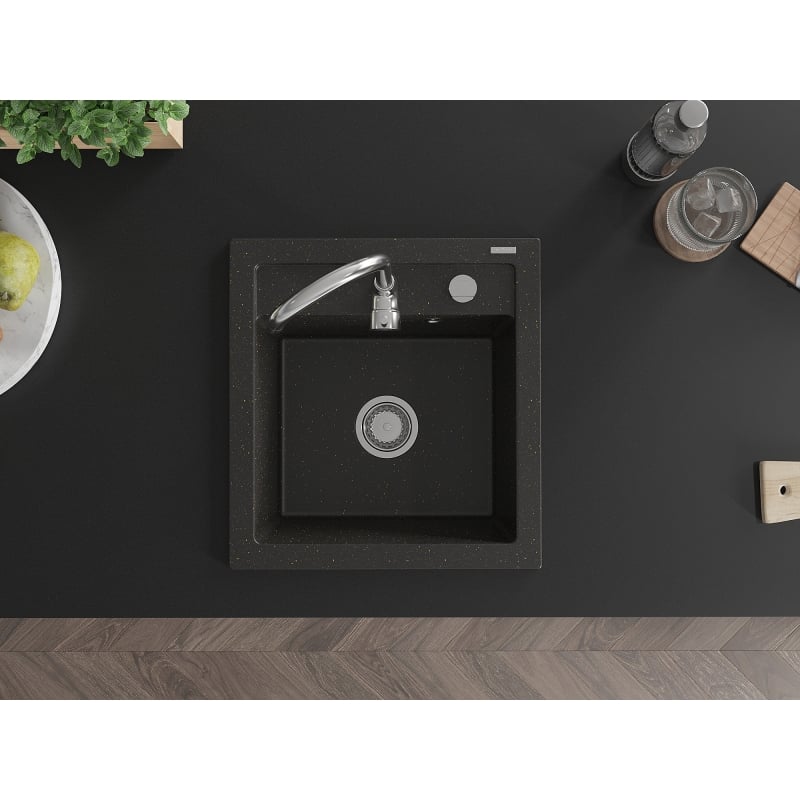 Mexen Vito single-bowl granite sink with Telma kitchen faucet, black/gold metallic - 6503-75-670200-00