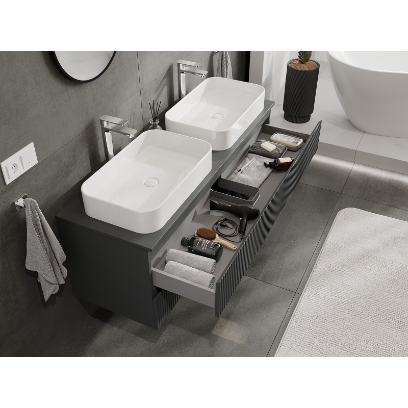 Mexen Rivel bathroom cabinet for under-sink 140 cm, 2 drawers, fluted, graphite matte - 91A20-14047-2-BFF66