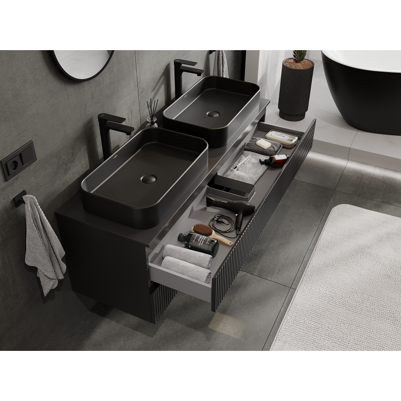 Mexen Rivel bathroom cabinet under the sink 140 cm, 2 drawers, grooved, matte black - 91A20-14047-2-BFF71