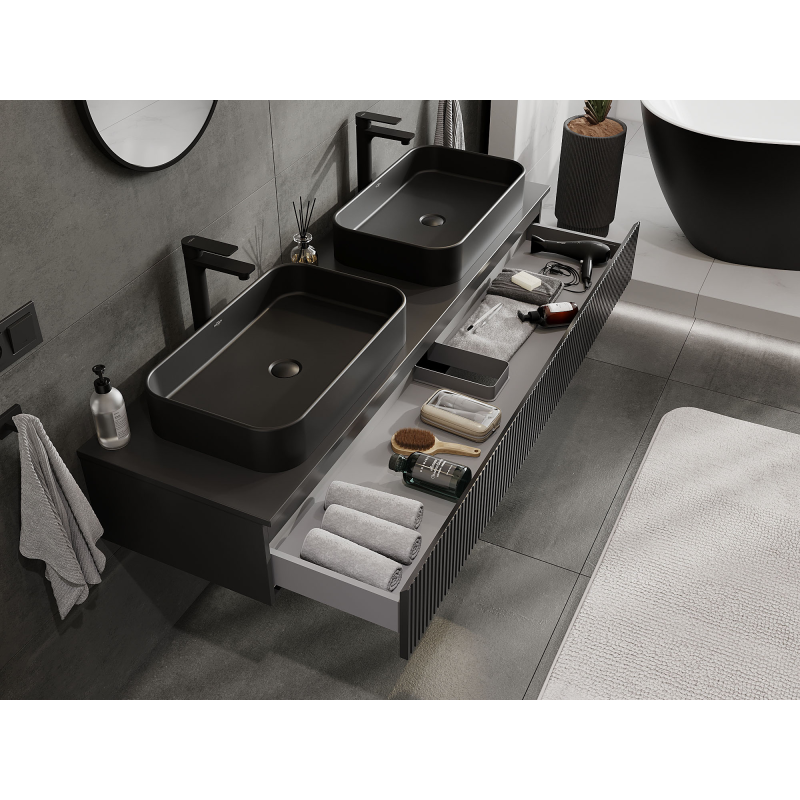 Mexen Rivel 160 cm Under-Sink Bathroom Cabinet, 1 Drawer, Fluted, Black Matte - 91A20-16023-1-BF71