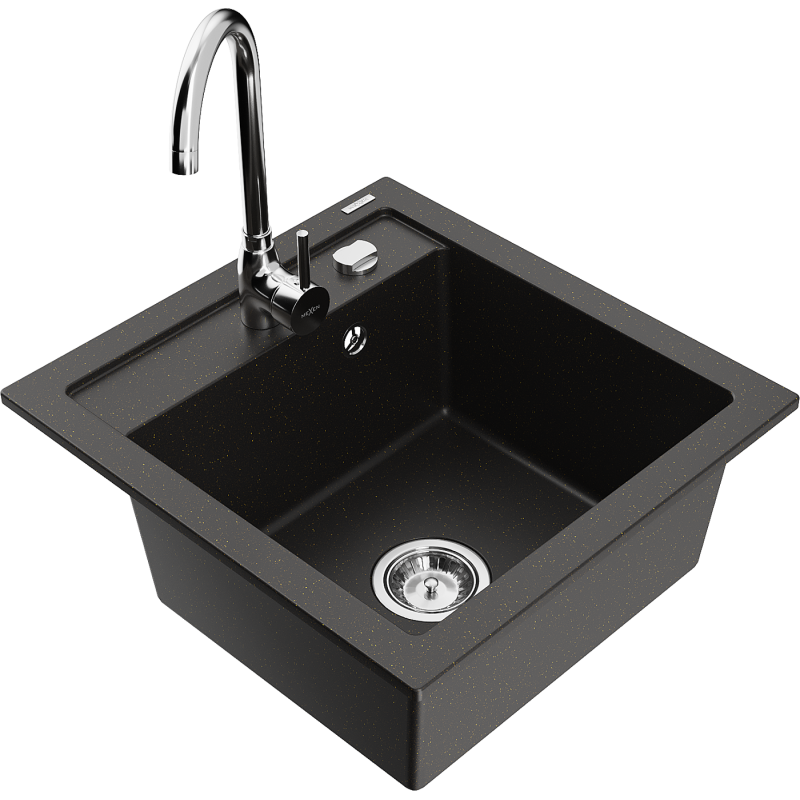 Mexen Vito 1-compartment granite sink with a kitchen mixer tap Telma, Black/Gold metallic - 6503-75-670200-00
