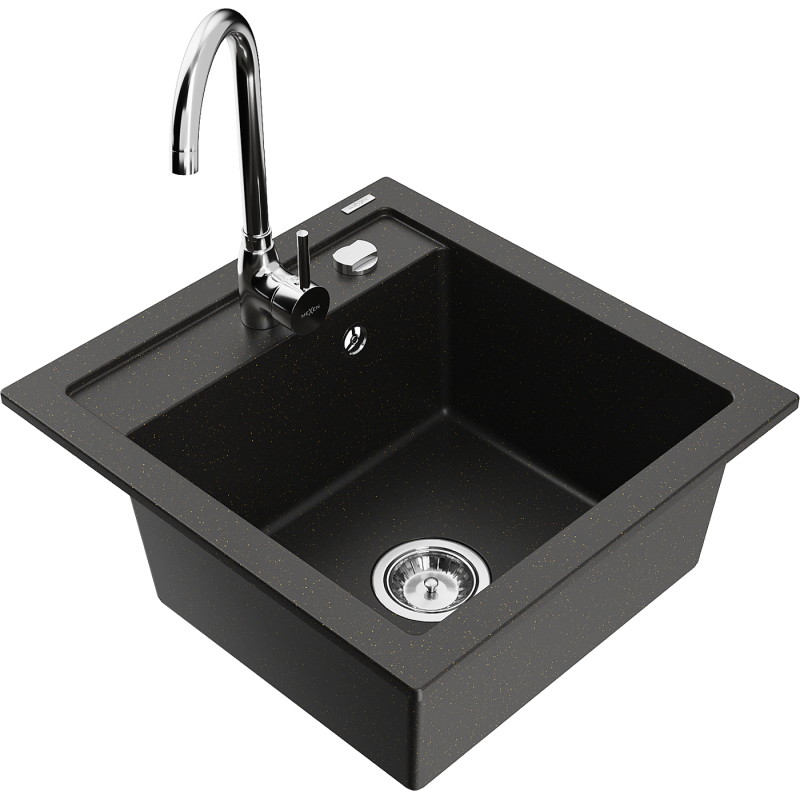 Mexen Vito granite single-bowl kitchen sink with Telma faucet, black/gold metallic - 6503-75-670200-00