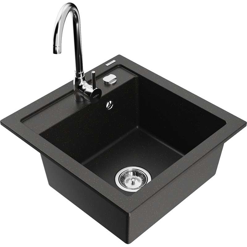 Mexen Vito Granite Sink 1-Bowl with Telma Kitchen Faucet, Black/Gold Metallic - 6503-75-670200-00
