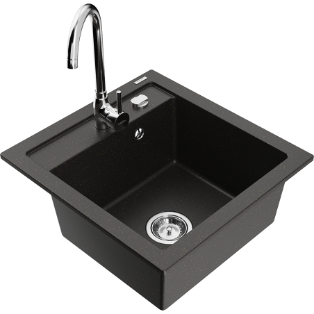 Mexen Vito granite single-bowl kitchen sink with Telma faucet, black/gold metallic - 6503-75-670200-00